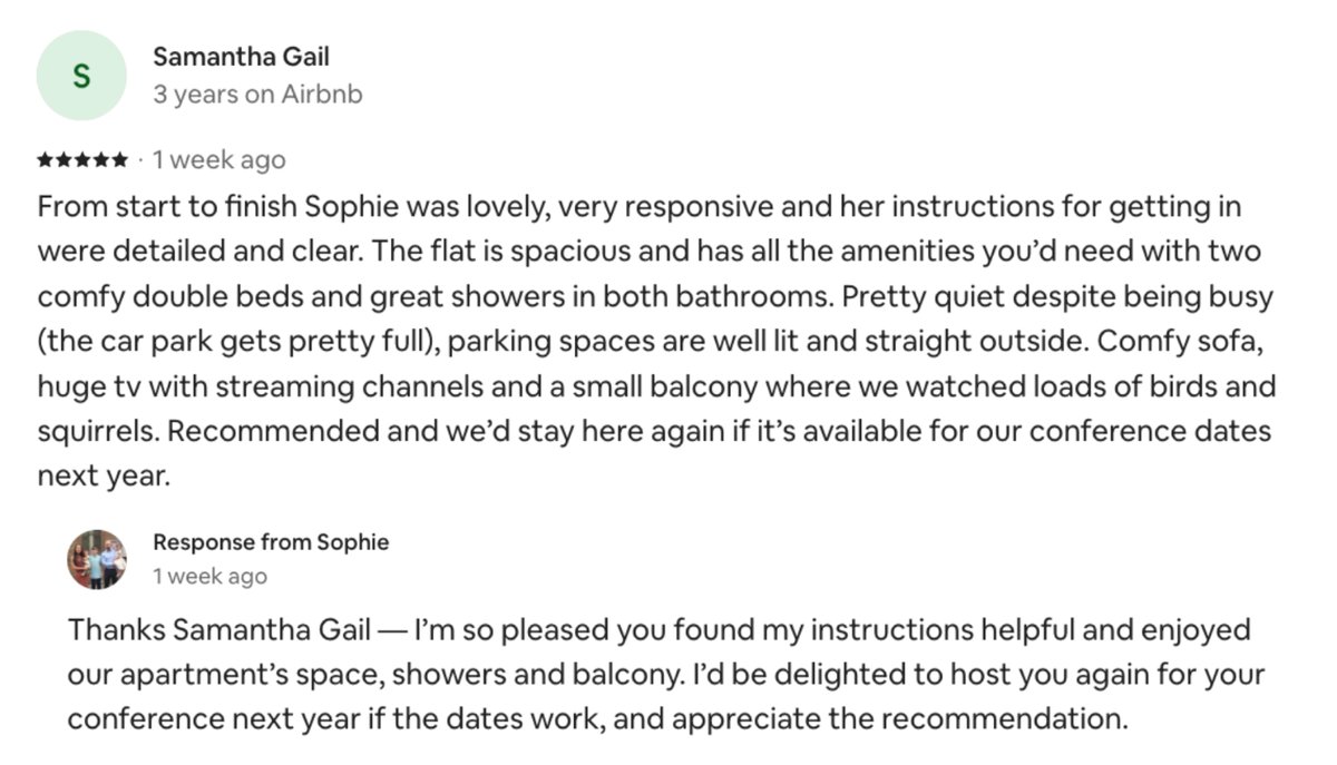 Airbnb review from Samantha Gail, 5 stars